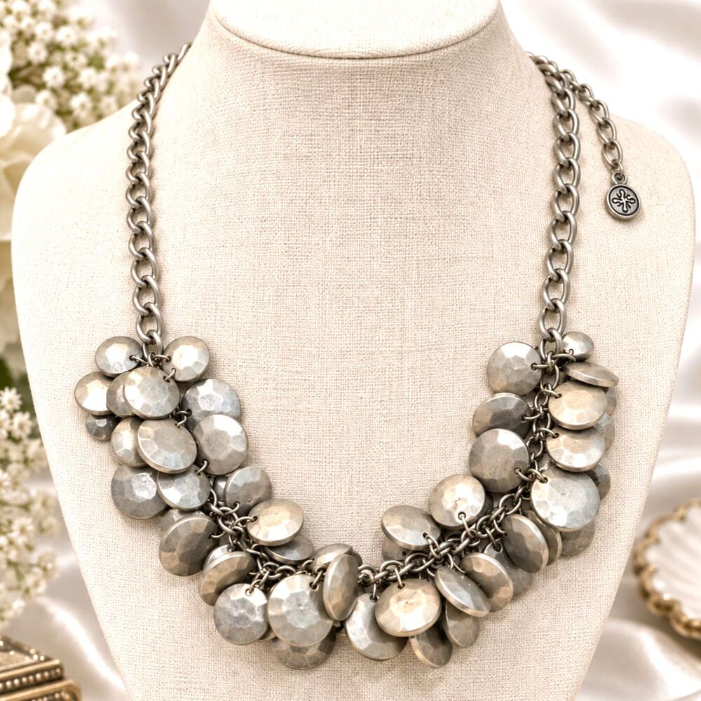 Silver Tone Disc Cluster Cha Cha Statement Necklace